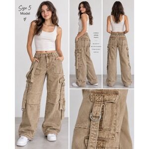 J For Justify Womens Tan Cargo Denim Pants Wide Leg Utility Strap Jeans Size 5
